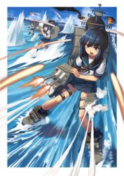  3girls battle black_eyes black_hair black_socks blue_skirt blue_sky blunt_bangs commentary_request day firing fubuki_(kancolle) hatsuyuki_(kancolle) highres kantai_collection kneehighs long_hair machinery miyuki_(kancolle) multiple_girls muzzle_flash neckerchief ocean one_eye_closed open_mouth pleated_skirt sailor_collar school_uniform serafuku short_hair short_ponytail skirt sky socks standing standing_on_liquid sumith thigh_strap under_fire 