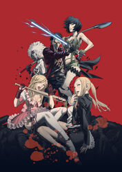  1boy 4girls :p absurdres amputee bad_girl baseball_bat black_hair blonde_hair blueberry_(nmh) bob_cut cranberry_(nmh) dark_skin dress energy_sword highres holly_summers kozaki_yuusuke long_hair multiple_girls no_more_heroes official_art photoshop_(medium) prosthesis pure_white_lover_bizarre_jelly shinobu_jacobs short_hair strawberry_(nmh) sunglasses sword sylvia_christel thighhighs tongue tongue_out travis_touchdown twintails weapon 