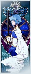  blue_hair cape commentary_request female gegenanz holger_(madoka_magica) i&#039;m_such_a_fool magical_girl mahou_shoujo_madoka_magica mahou_shoujo_madoka_magica_(anime) miki_sayaka miki_sayaka_(magical_girl) oktavia_von_seckendorff short_hair solo spoilers sword weapon wheel 