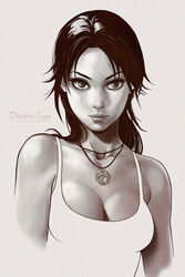  &gt;:) artist_name bare_shoulders breasts cleavage collarbone commentary dandon_fuga english_commentary female green_eyes grey_background jewelry lara_croft lips long_hair looking_at_viewer medium_breasts monochrome necklace pendant simple_background sleeveless smile solo spot_color tank_top tomb_raider tomb_raider_(reboot) tsurime upper_body v-shaped_eyebrows watermark web_address 