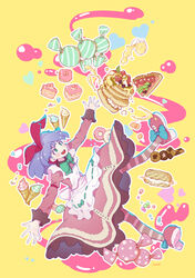  apron artist_name blue_bow blue_hair blueberry bow bowtie brown_legwear cake candy checkerboard_cookie commentary_request cookie doughnut female food frilled_apron frills fruit full_body green_bow green_bowtie green_eyes green_ribbons heart highres ice_cream ice_cream_cone ice_cream_sandwich kagawa_yuusaku legs_apart long_sleeves looking_up macaron maid original outstretched_arms pancake pancake_stack pantyhose pie pink_footwear pitcher_(container) ribbon shoes shortcake signature soft_serve solo strawberry striped_clothes striped_pantyhose sweets syrup whipped_cream yellow_background 