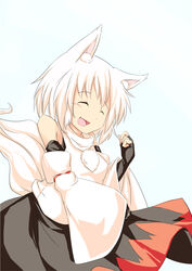  animal_ears commentary_request detached_sleeves female happy highres inubashiri_momiji kokutei_n oerba_yun_fang open_mouth photoshop_(medium) red_eyes solo tail touhou white_hair wolf_ears wolf_tail 