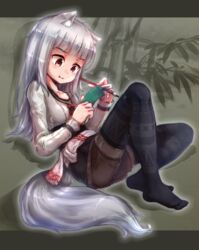  animal_ears black_pantyhose black_row brush commentary_request female full_body grey_hair highres long_hair myuri_(spice_and_wolf) no_shoes pantyhose pantyhose_under_shorts red_eyes shinsetsu_spice_and_wolf shirt shorts sitting smile solo spice_and_wolf tail wolf_ears wolf_tail 