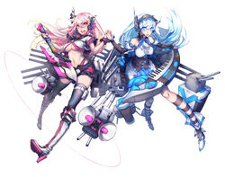  2girls alaska_(warship_girls_r) bare_shoulders blue_eyes breasts chinese_commentary commentary_request detached_collar detached_sleeves guam_(warship_girls_r) guitar gun headset high_heels holding_hands horn_speaker instrument keyboard_(instrument) kneehighs large_breasts long_hair mecha_musume midriff multiple_girls ns_(ntrsis) official_art pink_hair red_eyes ribbon rigging shorts socks speaker striped_clothes striped_thighhighs thighhighs underboob warship_girls_r weapon 