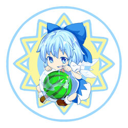  blue_bow blue_dress blue_eyes blue_hair bow cirno commentary_request detached_wings dress female food frozen fruit hairbow ice ice_wings kokutei_n medium_hair open_mouth photoshop_(medium) puffy_sleeves round_image sitting smile solo teeth touhou upper_teeth_only watermelon wings 