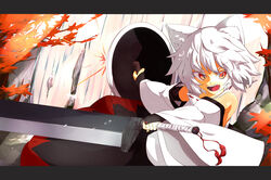  animal_ears commentary_request detached_sleeves female inubashiri_momiji kokutei_n letterboxed open_mouth red_eyes shield skirt solo sword touhou weapon white_hair wolf_ears 