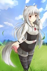  animal_ears bad_id bad_pixiv_id black_pantyhose cloud day female grass grey_hair highres long_hair misu_t_(ccc) myuri_(spice_and_wolf) outdoors pantyhose pantyhose_under_shorts red_eyes shinsetsu_spice_and_wolf shirt shorts sky smile solo spice_and_wolf tail very_long_hair wind wolf_ears wolf_tail 