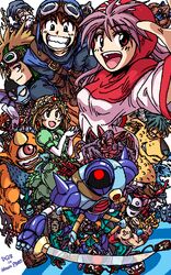  2girls 6+boys :d akuma_shinkan atlas_(dragon_quest) bazuzu belial_(dragon_quest) brown_hair character_request cyclops dragon_lord&#039;s_great-grandson dragon_quest dragon_quest_ii famicom game_console grin hanbu_hantarou hargon jaggy_lines killer_machine king_of_derukondaru looking_at_viewer machinery monster multiple_boys multiple_girls one-eyed open_mouth prince_of_lorasia prince_of_samantoria princess_of_moonbrook purple_hair red_eyes sidoh smile spiked_hair teeth 