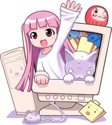  :3 absurdres computer copyright_request crt daruma_doll doll feline female folder highres internet_explorer long_sleeves monitor mouse_(animal) mouse_(computer) personification photoshop_(medium) pink_eyes pink_hair sleeves_past_wrists solo through_medium through_screen toromi_(toromix2) vector_trace waving 