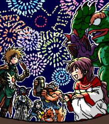  2boys :d ^_^ aerial_fireworks atlas_(dragon_quest) bare_shoulders bazuzu belt bodysuit boots cape closed_eyes colored_skin corn_dog cyclops dragon dragon_quest dragon_quest_ii female fire fireworks flame_(dragon_quest) food gloves goggles goggles_on_headwear green_skin hanbu_hantarou hand_fan hand_on_own_hip hand_on_own_knee hargon head_wings holding horns jaggy_lines japanese_clothes kimono laughing long_hair long_sleeves looking_up lowres monster multiple_boys muscular night night_sky oekaki one-eyed open_mouth outdoors outline paper_fan prince_of_lorasia prince_of_samantoria princess_of_moonbrook purple_hair robe senkou_hanabi shading_eyes short_hair sidoh single_horn size_difference sky smile sparkler spiked_hair squatting standing tabard tunic turtleneck very_long_hair wavy_hair wide_sleeves wings yukata 