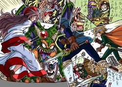  2boys :d ankle_boots battle belial_(dragon_quest) belt blonde_hair blood blood_on_face blue_skin bodysuit boots cape clenched_teeth colored_sclera colored_skin debris dragon dragon_quest dragon_quest_ii evil_smile fantasy female gem gloves goggles goggles_on_headwear green_skin hanbu_hantarou hand_on_another&#039;s_head hargon head_wings holding holding_hands holding_shield holding_staff holding_sword holding_weapon hood horns leg_warmers long_hair long_sleeves monster motion_lines multiple_boys one_eye_closed open_mouth outline pink_eyes prince_of_lorasia prince_of_samantoria princess_of_moonbrook purple_hair robe sharp_teeth shield short_hair sidoh smile smirk speech_bubble speed_lines spiked_hair staff sweatdrop sword tabard teeth translation_request tunic v-shaped_eyebrows very_long_hair wavy_hair weapon wide_sleeves wince wings yellow_eyes yellow_sclera 