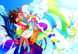  1boy black_hair closed_eyes cloud clouds female gaias gaius_(tales) highres long_hair multicolored_hair muse_(tales_of_xillia) muzet_(tales) open_mouth smile tales_of_(series) tales_of_xillia tears very_long_hair 