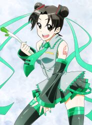  brown_eyes brown_hair cosplay detached_sleeves double_bun female green_nails hatsune_miku hatsune_miku_(cosplay) nail_polish naruto necktie open_mouth skirt solo spring_onion sunahara_wataru tenten thighhighs vocaloid 