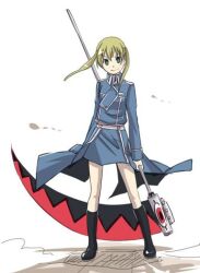  alternate_costume amestris_military_uniform artist_request blonde_hair company_connection female fullmetal_alchemist green_eyes jpeg_artifacts maka_albarn military military_uniform parody scythe solo soul_eater twintails uniform 