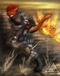  acidic anthro armor blood bodily_fluids body_armor boots bullet clothing conditional_dnp domestic_cat explosion felid feline felis fire footwear gun hair hi_res holding_object holding_weapon jewelry male mammal military necklace p90 ranged_weapon red_eyes red_hair solo submachine_gun uniform weapon wounded 