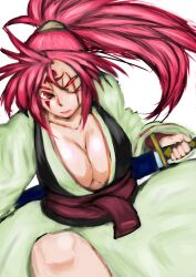  amputee baiken breasts cleavage commentary_request facial_tattoo female guilty_gear ichigai_(hayawossan) japanese_clothes katana kimono large_breasts long_hair obi one-eyed pink_hair red_eyes sash scabbard scar scar_across_eye scar_on_face sheath solo sword tattoo unsheathing weapon 