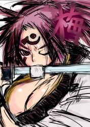  baiken breasts cleavage commentary_request facial_tattoo female guilty_gear ichigai_(hayawossan) japanese_clothes katana kimono large_breasts long_hair mouth_hold one-eyed open_clothes open_kimono pink_hair red_eyes scar scar_across_eye scar_on_face solo sword tattoo weapon 