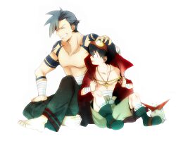  2boys bad_id bad_pixiv_id bandages barefoot blue_hair boota_(ttgl) cape goggles goggles_on_head grin hand_on_another&#039;s_head kamina_(ttgl) kamina_shades male_focus multiple_boys simon_(ttgl) sitting smile tattoo tengen_toppa_gurren_lagann topless_male triangular_eyewear white_background winora 