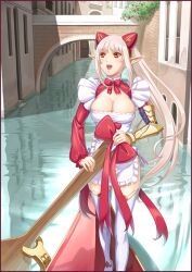  :d aldra_(queen&#039;s_blade) apron artist_request boat bow breasts canal cleavage eiwa female gondola hair_ornament large_breasts long_hair open_mouth paddle pointy_ears queen&#039;s_blade queen&#039;s_blade_rebellion red_eyes smile summoner_aldra thighhighs watercraft white_hair 