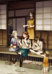  6+girls animal animal_on_lap apron arm_behind_head bad_id bad_pixiv_id barefoot black_legwear blonde_hair brown_eyes brown_hair carrying cat_on_lap dress family feline food fusuma glasses indian_style japanese_clothes kimono kneehighs loafers lolicon long_hair looking_at_another multiple_girls obi old old_woman on_lap open_mouth original pants sandals sash school_uniform seiza serafuku shirt shoes short_hair sitting sleeves_rolled_up sliding_doors smile socks standing table tray tsukioka_tsukiho twintails unworn_shoes veranda white_hair white_shirt 