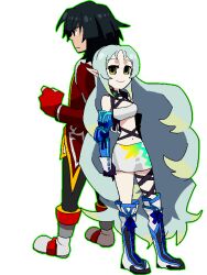  1boy alternate_costume bare_shoulders black_hair boots choker cosplay female gaias gaius_(tales) green_eyes jude_mathis long_hair milla_maxwell multicolored_hair muse_(tales_of_xillia) muzet_(tales) red_eyes tales_of_(series) tales_of_xillia very_long_hair 