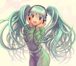  aqua_eyes aqua_hair bad_id bad_pixiv_id female hatsune_miku headphones listening_to_music long_hair mablex solo track_suit twintails vocaloid 