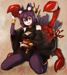  animal_ears arachne_(shinrabanshou) arthropod_girl breasts bridal_gauntlets cleavage cleavage_cutout clothing_cutout commentary_request dog_ears extra_eyes female full_body gloves grin hair_between_eyes horns kneeling medium_breasts monster_girl nosuku pale_skin purple_hair red_eyes shinrabanshou smile solo spider_girl 