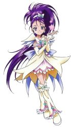  boots bow brooch crossed_legs cure_egret dress eyelashes female full_body futari_wa_precure_splash_star gloves heart heart_brooch jewelry kawamura_toshie knee_boots long_hair magical_girl mishou_mai official_art ponytail precure purple_eyes purple_hair ribbon smile solo standing star_(symbol) tachi-e watson_cross white_background white_footwear 