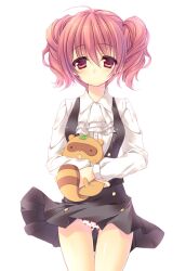  ascot bad_id bad_pixiv_id buttons dress female food_print hug inu_x_boku_ss leaf leaf_on_head nanaroba_hana panties photoshop_(medium) pink_eyes pink_hair print_panties roromiya_karuta school_uniform short_hair simple_background standing strawberry_panties strawberry_print tanuki twintails underwear watanuki_banri white_background 