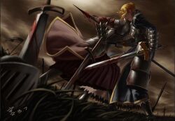  2girls armor armored_dress artoria_pendragon_(fate) battlefield blonde_hair blood blood_on_face blood_stain braid breastplate clarent_(fate) commentary_request dress dutch_angle excalibur_(fate/stay_night) fate/stay_night fate/zero fate_(series) faulds field_of_blades fine_art_parody flag french_braid gauntlets grass greaves hair_over_eyes hair_ribbon helm helmet historical_name_connection holding how_mordred_was_slain_by_arthur_and_how_by_him_arthur_was_hurt_to_the_death impaled mordred_(fate) mordred_(fate/stay_night) mother_and_daughter multiple_girls name_connection open_mouth parody pauldrons planted planted_sword polearm puffy_sleeves ribbon saber_(fate) scrap_iron short_hair shoulder_armor signature sky spear stab sword weapon 