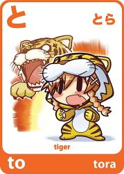  animal_costume animal_print blush_stickers braid brown_hair culture_japan female hair_tie ikkyuu moekana oerba_yun_fang open_mouth suenaga_mirai tiger tiger_costume tiger_print translated twin_braids |_| 