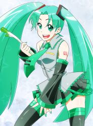  detached_sleeves double_bun female green_eyes green_hair green_nails hatsune_miku nail_polish necktie open_mouth skirt solo spring_onion sunahara_wataru thighhighs vocaloid 