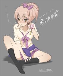  bad_id bad_pixiv_id badge black_socks blush bow button_badge character_name dated female furigana hairbow idolmaster idolmaster_cinderella_girls itose_ikuto jewelry jougasaki_mika peace_symbol pink_hair ring short_hair short_ponytail skirt sleeves_rolled_up smiley_face socks solo yellow_eyes 