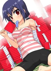  arm_behind_back bandages bare_shoulders barefoot bike_shorts blue_hair book book_stack bookmark breasts cleavage collarbone commentary_request covered_nipples dutch_angle female highres holding k10k kanbaru_suruga lens_flare looking_at_viewer medium_breasts monogatari_(series) mouth_hold nisemonogatari open_book ponytail red_eyes shiny_skin short_hair sitting solo spread_legs strap_slip striped tank_top too_many too_many_books twintails 