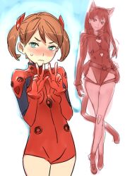  2girls animal_ears asobi_ni_iku_yo! blue_eyes blush bodysuit brown_hair commentary_request crossed_legs crossover double_v eris_(asobi_ni_iku_yo!) extra_ears hand_on_own_hip interface_headset leotard long_hair multiple_girls neon_genesis_evangelion nishieda photoshop_(medium) pilot_suit plugsuit rebuild_of_evangelion red_bodysuit red_leotard short_hair smile souryuu_asuka_langley standing sweat tail twintails v watson_cross 