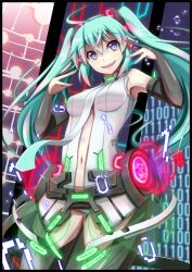  akiyasu aqua_hair binary blue_eyes bridal_gauntlets center_opening commentary_request female hatsune_miku hatsune_miku_(append) long_hair md5_mismatch navel necktie solo thighhighs twintails very_long_hair vocaloid vocaloid_append 