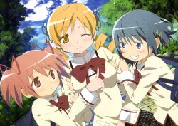  3girls absurdres blonde_hair blue_eyes blue_hair cloud day grin hair_ornament hair_ribbon hairclip highres imageboard_desourced kaname_madoka mahou_shoujo_madoka_magica mahou_shoujo_madoka_magica_(anime) miki_sayaka mitakihara_school_uniform multiple_girls non-web_source official_art one_eye_closed pink_eyes pink_hair rainbow_order ribbon school_uniform sky smile tomoe_mami twintails yellow_eyes 