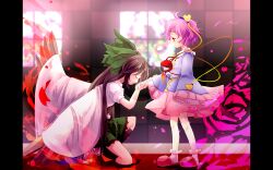  2girls :o black_hair blouse bobby_socks bow bowing cape checkered_background checkered_floor chireiden closed_eyes commentary_request eyeball frilled_shirt_collar frilled_sleeves frills green_bow green_skirt hairbow headband heart highres holding_hands kneehighs kneeling komeiji_satori long_hair long_sleeves looking_at_another multiple_girls petals pillarboxed pink_footwear pink_hair profile red_eyes reiuji_utsuho shirt short_hair short_sleeves skirt sleeves_past_wrists slippers socks third_eye touhou turupiko very_long_hair wide_sleeves window wings 