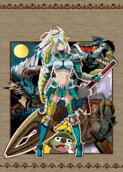  armor commentary_request felyne female green_eyes highres long_hair midriff monster_hunter_(character) monster_hunter_(series) monster_hunter_portable_3rd nargacuga navel ponytail red_eyes sharp_teeth smile sword teeth tigrex tsukumo_(soar99) weapon white_hair zinogre zinogre_(armor) 