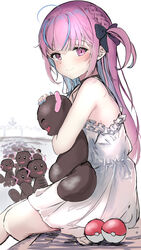  absurdres ahoge bare_shoulders black_bow black_choker blue_hair blue_nails blunt_bangs blush bow braid choker closed_mouth colored_inner_hair commentary_request crossover dress feet_out_of_frame female frilled_dress frills hairbow headpat highres holding holding_pokemon hololive long_hair looking_at_viewer minato_aqua multicolored_hair one_side_up paldean_wooper pink_hair poke_ball poke_ball_(basic) pokemon pokemon_(creature) purple_eyes sitting smile streaked_hair tazrn1 too_many two-tone_hair virtual_youtuber white_dress 