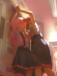  2girls against_locker against_wall ahoge arm_up assertive_female black_skirt blunt_ends blush brown_eyes ceiling closed_eyes commentary feet_out_of_frame french_kiss genderswap_(mtf) getabako highres holding_another&#039;s_wrist hozuki_momiji indoors kissing kyarahiba long_hair multiple_girls onii-chan_wa_oshimai! oyama_mahiro pink_hair pleated_skirt rule_63 school school_uniform shirt short_hair short_sleeves sidelocks skirt suspender_skirt suspenders tile_ceiling tiles white_shirt yuri 