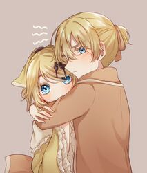  1boy aku_no_meshitsukai_(vocaloid) aku_no_musume_(vocaloid) allen_avadonia annoyed arms_around_neck aryuma772 blonde_hair blue_eyes blush bow brother_and_sister commentary dress evillious_nendaiki eyelashes female frilled_sleeves frills hair_ornament hair_ribbon hairbow hairclip highres hug jacket jealous kagamine_len kagamine_rin looking_at_viewer looking_to_the_side orange_jacket orange_ribbon possessive revision ribbon riliane_lucifen_d&#039;autriche serious short_ponytail siblings swept_bangs twins vocaloid wide_sleeves yellow_dress 