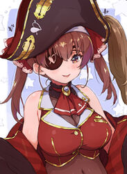  arrow_through_heart ascot bare_shoulders bicorne black_coat black_hat blush breasts buttons cleavage coat commentary crop_top embroidery epaulettes eyepatch female hair_ribbon hat hololive houshou_marine houshou_marine_(1st_costume) large_breasts leotard leotard_under_clothes long_hair looking_at_viewer off_shoulder open_mouth randou red_ascot red_eyes red_hair red_ribbon red_shirt ribbon see-through see-through_cleavage see-through_leotard shirt sleeveless smile solo twintails virtual_youtuber 