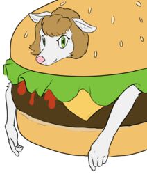  anthro burger burger_costume clothed clothing costume female food food_costume kigtoons mammal martha_minkowitz mink mustelid musteline simple_background solo true_musteline white_background 