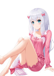  absurdres barefoot blue_eyes bow closed_mouth collarbone commentary_request dress_shirt eromanga_sensei female frilled_shorts frills frown hairbow highres izumi_sagiri long_hair long_sleeves multiple_hair_bows pink_bow pink_shirt pink_shorts ryon_y0421 shirt short_shorts shorts simple_background sitting solo very_long_hair white_background white_hair 