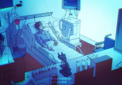  2boys bai_qi_(love_and_producer) bed bed_sheet blue_theme brown_eyes brown_hair coat computer highres hospital hospital_bed hospital_gown indoors lab_coat laboratory long_sleeves love_and_producer microscope monitor multiple_boys paper rabbitcamilla short_hair white_coat 