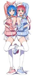  2girls absurdres arm_up bad_id bad_twitter_id bare_shoulders blue_eyes blue_footwear blue_hair blue_hoodie bow_hairband closed_mouth fingerless_gloves full_body gloves green_eyes hairband heart_arms heart_arms_duo highres hood hoodie leg_up long_hair looking_at_viewer multiple_girls omega_ray omega_rio omega_sisters omega_symbol open_mouth pink_footwear pink_hair pink_hoodie shinomu_(cinomoon) short_hair short_shorts shorts simple_background smile standing standing_on_one_leg thighhighs virtual_youtuber white_background white_gloves white_legwear white_shorts 