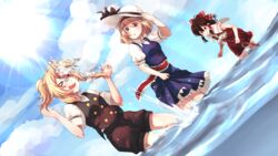  &gt;_&lt; 3girls absurdres adapted_costume ahoge alice_margatroid alternate_hairstyle arms_up ascot bakarayuu black_shorts black_vest blonde_hair blue_dress blue_eyes blue_sky brown_hair cloud commentary dress dutch_angle eyes_visible_through_hair fish glint hair_between_eyes hair_ribbon hair_tubes hakurei_reimu hand_on_headwear hat hat_ribbon highres holding holding_stick in_the_face kirisame_marisa lifting_own_clothes looking_at_another looking_down multiple_girls no_headwear oerba_yun_fang open_mouth outdoors petticoat pinafore_dress ponytail puffy_short_sleeves puffy_sleeves red_eyes red_skirt red_vest ribbon sarashi sash shirt short_sleeves shorts sidelocks skirt skirt_hold sky sleeveless sleeveless_dress standing stick sun sun_hat tied_skirt touhou vest wading water white_shirt yellow_ascot 