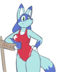  alpha_channel alternate_color anthro blue_body blue_fur blue_nose breast_rest breasts caira canid canine clothing female fluffy fluffy_tail fur generation_4_pokemon green_eyes lifeguard looking_at_viewer lucario mammal maple_syrup_art nintendo one-piece_swimsuit pokemon pokemon_(species) solo swimwear tail tail_down 