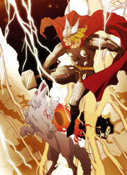  1boy amaterasu_(ookami) armor battle blonde_hair cape closed_eyes commentary_request hammer lightning marvel marvel_vs._capcom marvel_vs._capcom_3 okami okazuwa_shake photoshop_(medium) thor_(marvel) wings wolf 